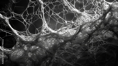 Intricate web of interconnected fibers in monochrome, showcasing abstract and organic structures. Ideal for science and technology themes.