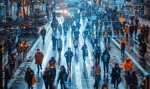 Elevated Security Camera Surveillance Footage of a Crowd of People Walking on Busy Urban City Streets. CCTV AI Facial Recognition Big Data Analysis Interface Scanning, Showing Personal, Generative AI 