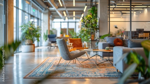 Modern Biophilic Office Design: A spacious and inviting coworking space filled with natural light and lush greenery, featuring comfortable seating areas for collaboration and relaxation. 