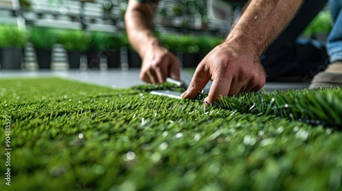 Close up of a man trimming indoor synthetic turf with empty space for text