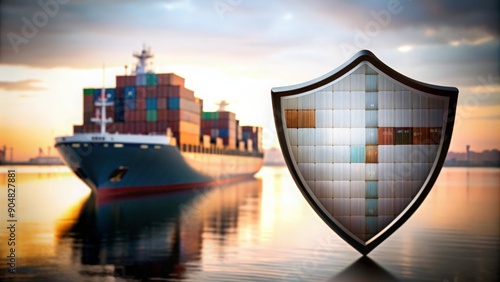 Marine and Cargo Insurance – Image of a cargo ship with a shield and background of maritime elements, symbolizing marine and cargo insurance. 