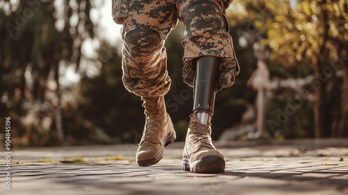 Closeup of military soldier in uniform with prosthetic leg returning from war 