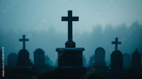 Foggy graveyard with ancient tombstones, Night darkness midnight, ghostly presence