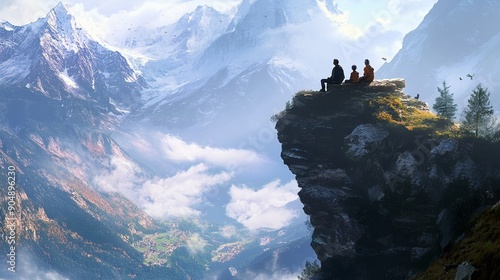 Family taking a break on a mountain ledge