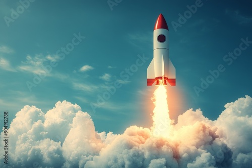 Dynamic Launch: Rocket Ascends Amidst Towering Clouds on a Clear Day