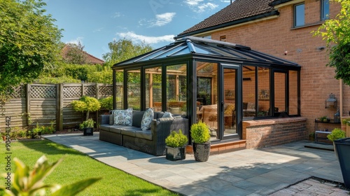 Contemporary sunroom or conservatory in the garden with a paved patio