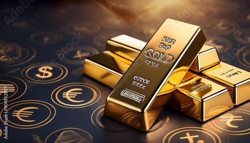 Gold bars with reflections of world currencies symbols, global wealth, international investment