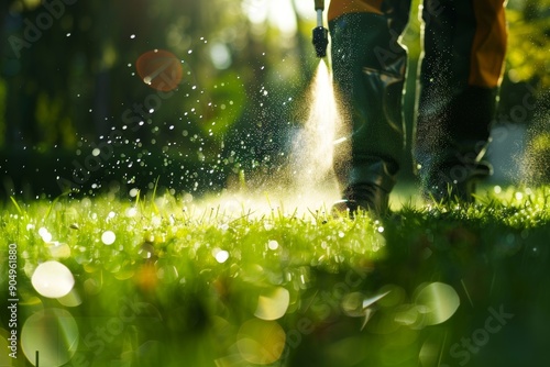 Close up pest control worker spraying pesticide on green lawn outdoors for effective pest management