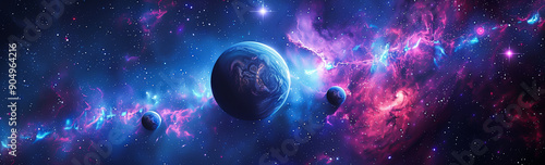 A blue and purple nebula background with three planets, The stars of an alien galaxy fill out the scene.