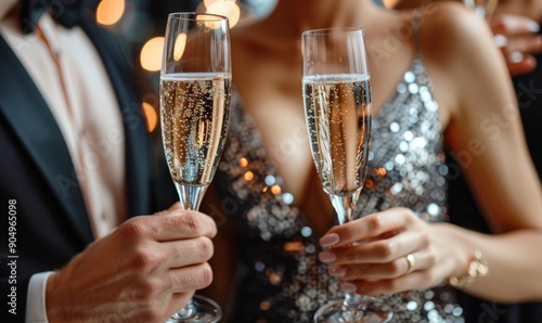 Close-up of man and woman clinking champagne glasses at elegant celebration