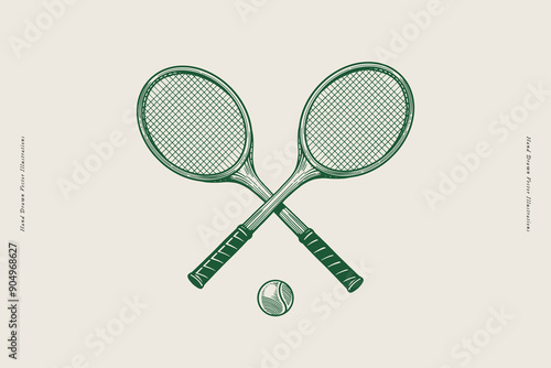 Two crossed tennis rackets with tennis ball. Retro style. Ideal for tennis-themed designs and promotions.