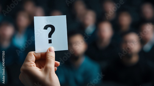 Person holding a question card during a quiz show,