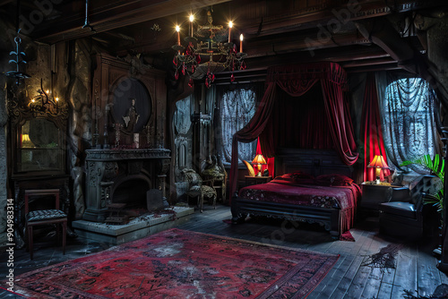 Gothic Bedroom Retreat: Luxurious and Dark Victorian Room with Elegant Red Velvet Drapes, Antique Furniture, and a Cozy Fireplace Creating an Ambiance of Mystery and Comfort