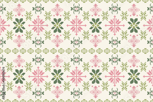 Traditional pixel art floral pattern in soft pink and green tones on beige background. Seamless cross-stitch design for fabric, wallpaper, and decoration.