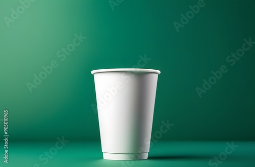 A white paper coffee cup with a lid on a green background. A coffee drink to advertise a coffee shop, restaurant and coffee. Eco glass close-up.