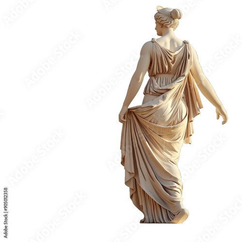 Elegant classical style marble statue of a woman walking away from the camera holding her dress