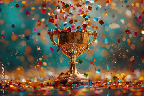 Golden trophy with confetti. Perfect for celebrations of success and achievement.