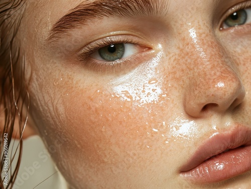 Close-Up Portrait of a Woman with Freckles and Dewy Skin Highlighting Natural Beauty and Skincare