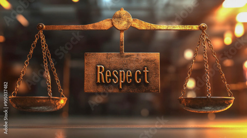 Respect sign hanging from a balanced scale for equality and dignity concept 3d render