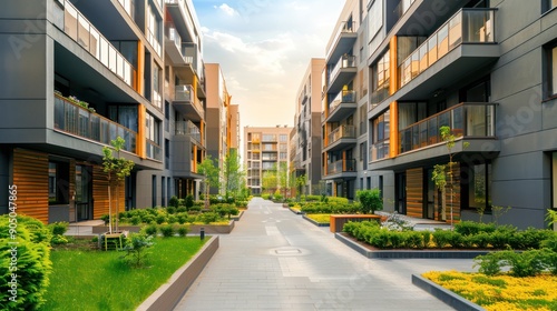 Multi-story residential building with a landscaped courtyard.