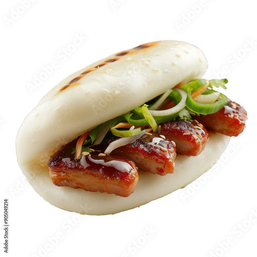 Delicious bao bun filled with teriyaki chicken and fresh vegetables, isolated on white background