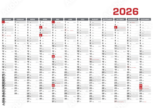 Jahresplaner DIN A1 für 2026 mit KW und Feiertagen