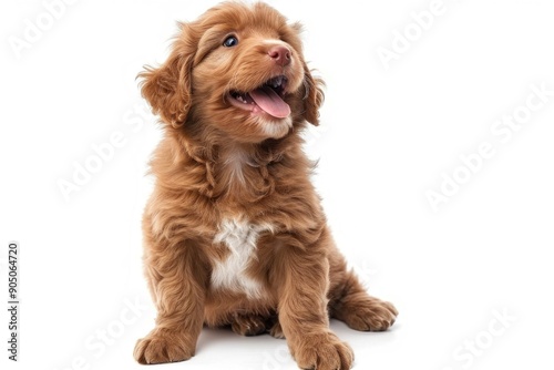 Adorable brown puppy sitting and panting on white background