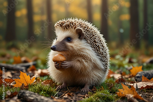 Cute hedgehog in the grass in autumn forest 