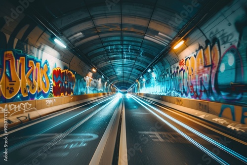 a tunnel with graffiti on the side of it