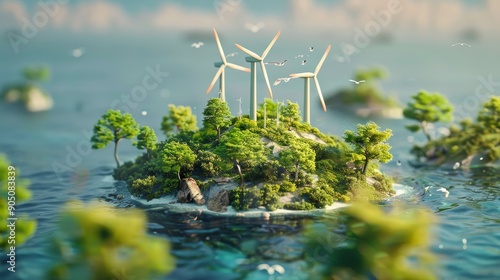 A scenic view of a lush island with wind turbines in the ocean, representing sustainable energy and environmental conservation.