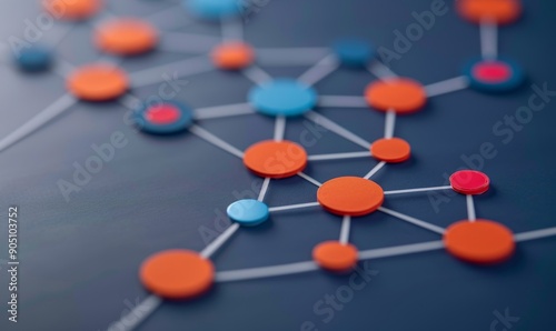 abstract network connection concept with colorful circles and lines on dark blue background for technology, communication, and business presentation d