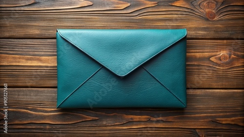 A stylish teal blue leather envelope lies on a rustic wood table, adorned with a subtle pattern, exuding sophistication and elegance in a modern setting.