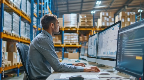 A logistics manager reviewing inventory control charts and graphs on a computer screen.