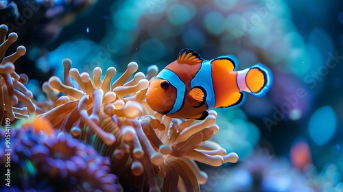 A close-up view of a clownfish swimming near a bright, colorful anemone in a well-lit aquarium. The intricate details of the coral and the fish's vibrant colors are highlighted by the soft,