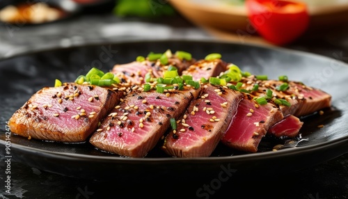 Sliced seared tuna sprinkled with sesame seeds, served on a black plate. A great choice for a light and healthy dinner.