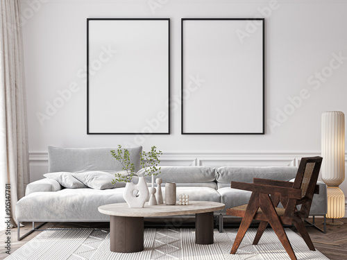 Frame mockup, ISO A paper size. Living room wall poster mockup. Interior mockup with house background. Modern interior design. 3D render 