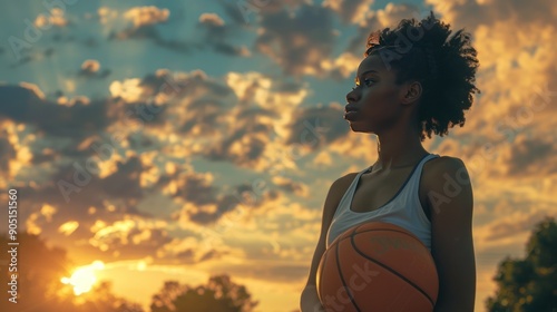 Black female athlete with basketball under beautiful sunset light