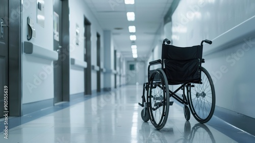 Hospital corridor with a wheelchair and medical equipment, emphasizing horizontal space and perspective.