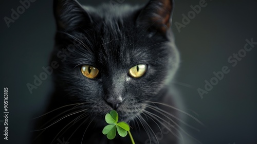 Black cat with four leaf clover Lucky clover good luck or bad luck