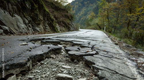 broken road by an earthquake or landslide