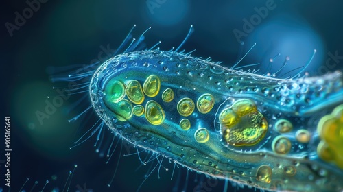 Lepocinclis acus or euglena acus a single cell flagellate eukaryote under the microscope