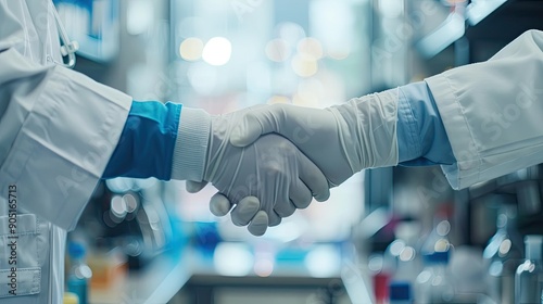 Science handshake and agreement in laboratory for success deal or gratitude Teamwork medical research and scientist shaking hands in gloves for partnership collaboration or welcome for doctors