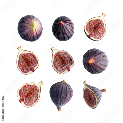 Fresh whole and sliced figs arranged separately on a transparent background, viewed from above