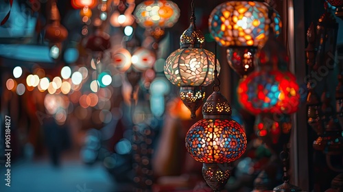 Turkish or oriental lamps on a bazaar with selective focus on the foreground Multicolored lamps or lanterns with copy space