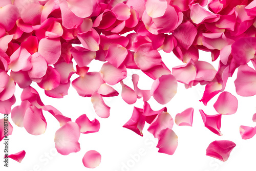 Photo of vibrant pink rose flowers petals falling on transparent background