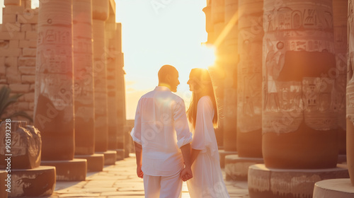 Couple in love during honeymoon visiting pyramids of Egypt