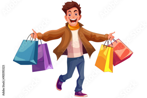 Excited male shopper with multiple shopping bags, isolated on white