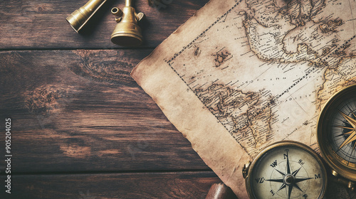 A vintage treasure map is spread out on a wooden table, with an antique compass and old navigational tools placed strategically