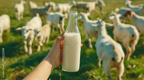 a bottle of milk against a background of goats walking in a meadow.