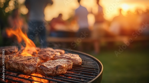 Grilling meat at outdoor party, people enjoying summer barbecue